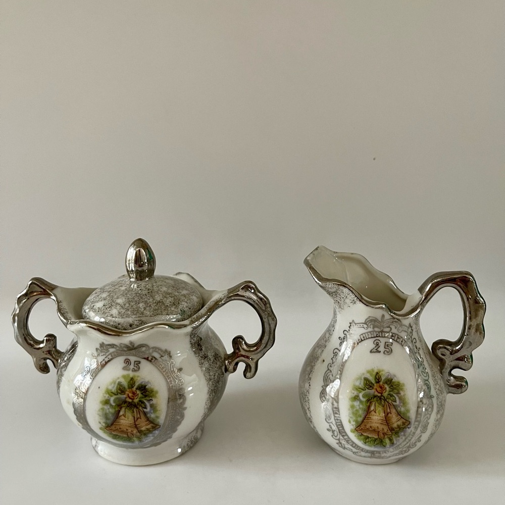 Vintage Enesco Japan 25th Wedding Anniversary Sugar Bowl & Creamer Set, 1950’s